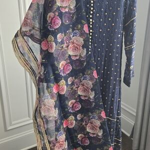 Floral Embroidered Navy Dress with Scarf